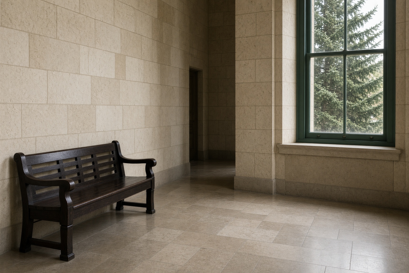 Empty limestone hallway in a county courthouse
