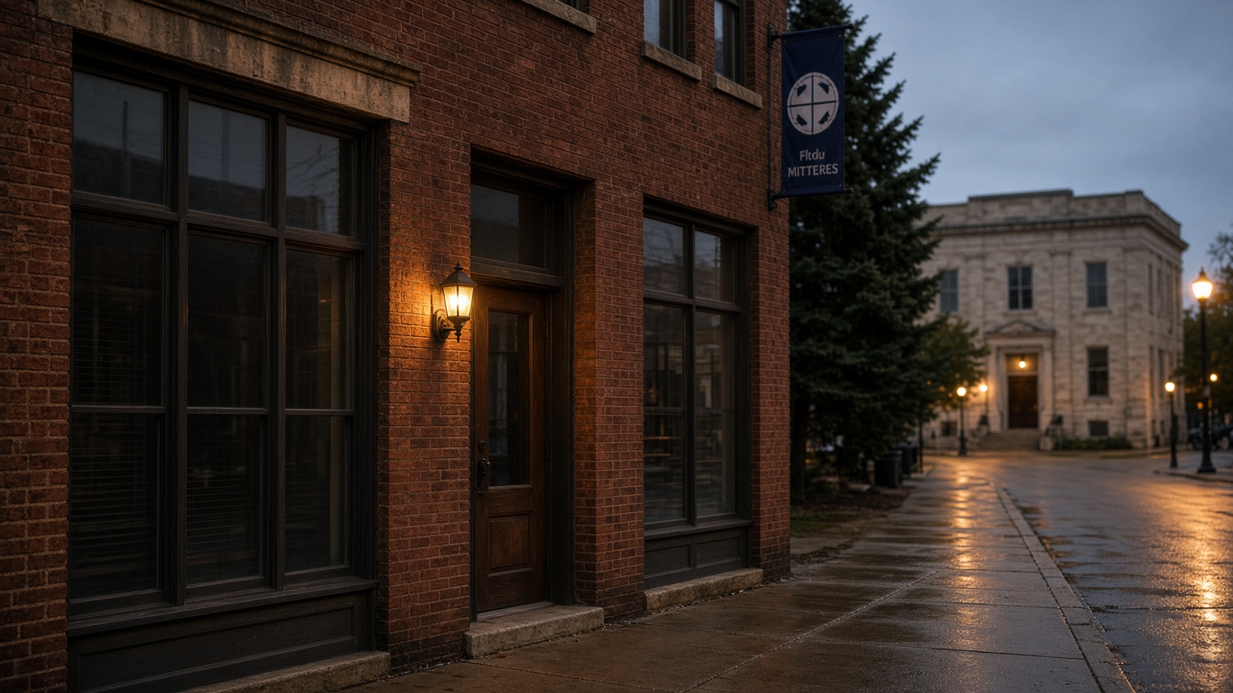 Brick storefront door in downtown Morris near the courthouse