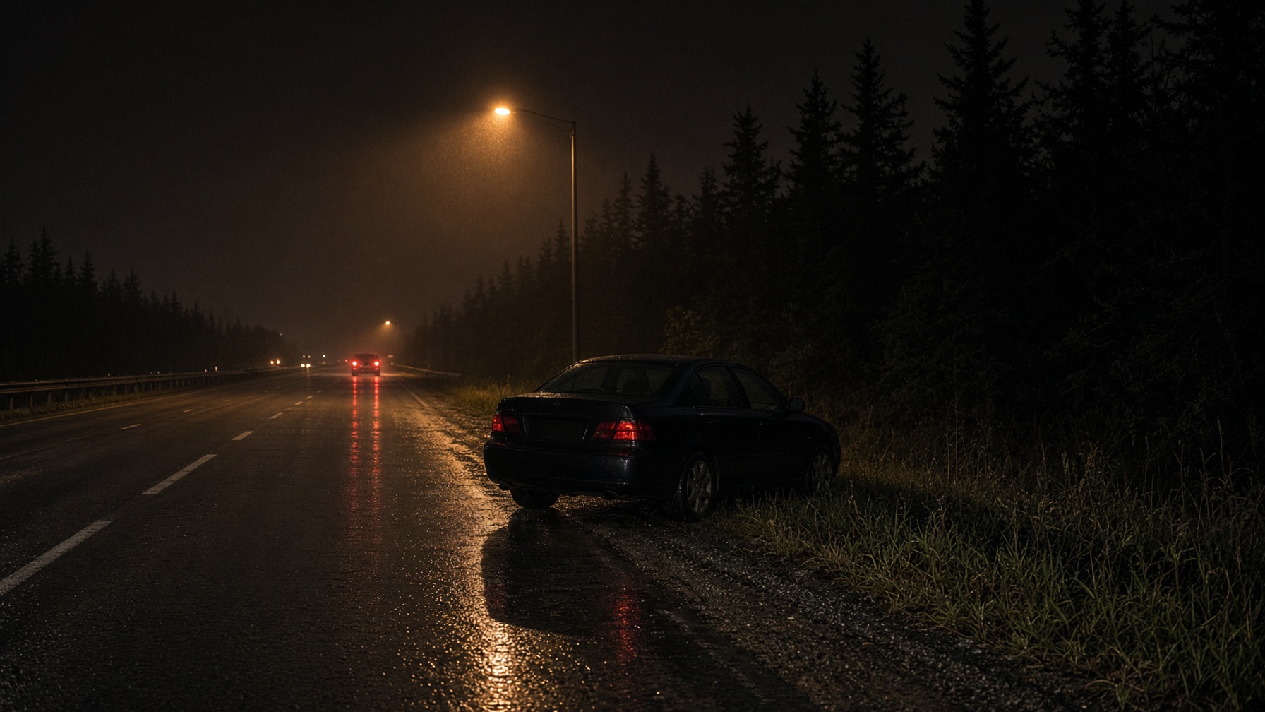 Wet Illinois highway shoulder at night after a stop